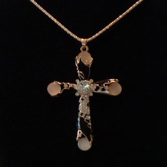 Beautiful Big Black Enamel & PINK Cabachon Cross Necklace - Picture 3 of 4